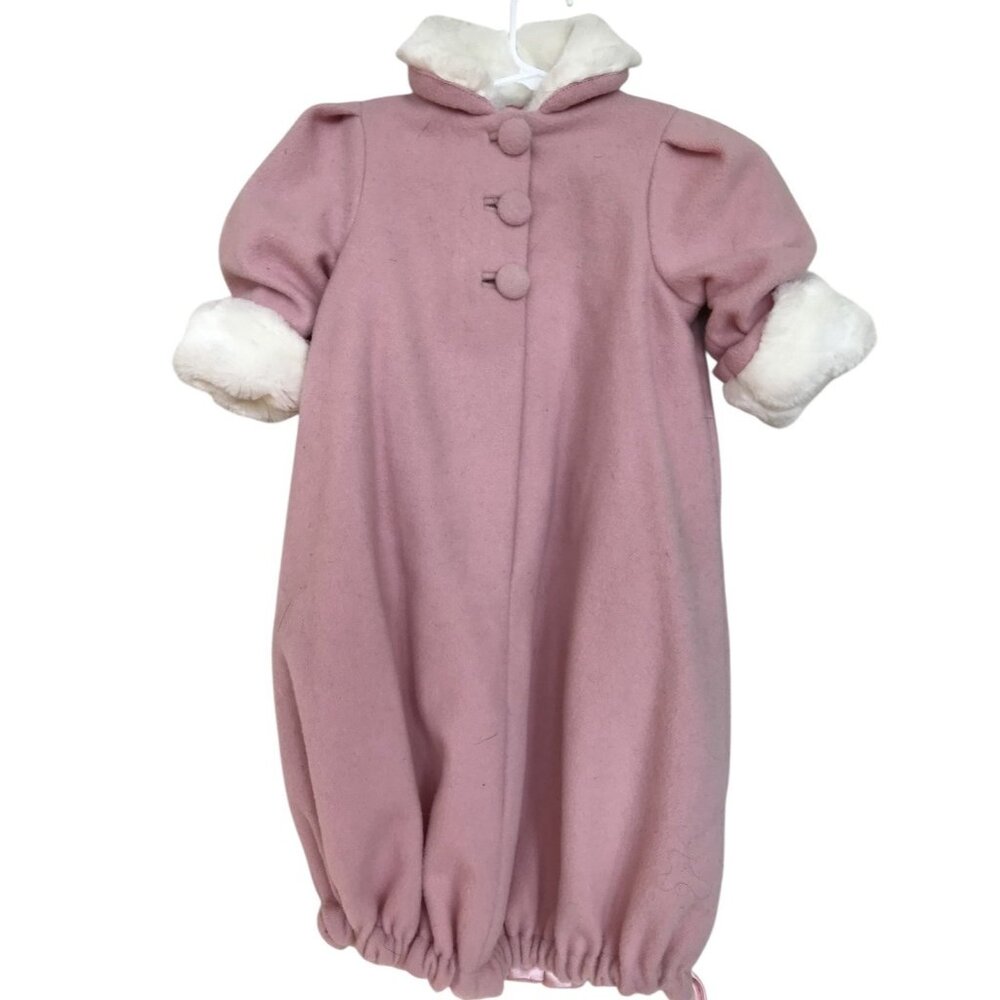 Vintage Helena Bunting Baby Girls Size 9 Months Pink White Faux Fur Trim‎ Hat